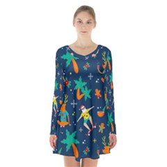 Colorful Funny Christmas Pattern Long Sleeve Velvet V-neck Dress