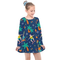 Colorful Funny Christmas Pattern Kids  Long Sleeve Dress