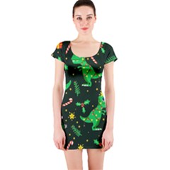 Christmas Funny Pattern Dinosaurs Short Sleeve Bodycon Dress