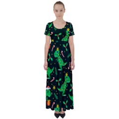 Christmas Funny Pattern Dinosaurs High Waist Short Sleeve Maxi Dress