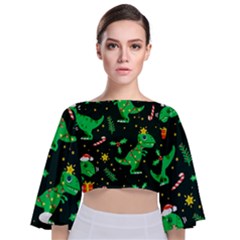 Christmas Funny Pattern Dinosaurs Tie Back Butterfly Sleeve Chiffon Top