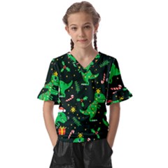 Christmas Funny Pattern Dinosaurs Kids  V-neck Horn Sleeve Blouse