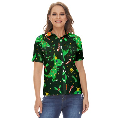 Christmas Funny Pattern Dinosaurs Women s Short Sleeve Double Pocket Shirt by Ket1n9