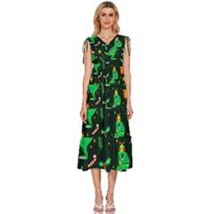 Christmas Funny Pattern Dinosaurs V-neck Drawstring Shoulder Sleeveless Maxi Dress by Ket1n9