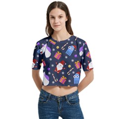 Colorful Funny Christmas Pattern Women s Round Neck Short Sleeve Crop Top