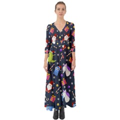 Colorful Funny Christmas Pattern Button Up Boho Maxi Dress