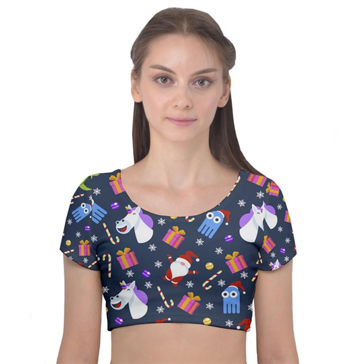 Colorful Funny Christmas Pattern Velvet Short Sleeve Crop Top 