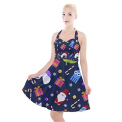 Colorful Funny Christmas Pattern Halter Party Swing Dress 