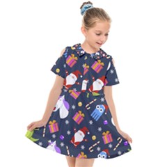 Colorful Funny Christmas Pattern Kids  Short Sleeve Shirt Dress