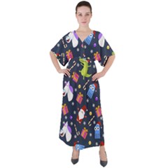 Colorful Funny Christmas Pattern V-neck Boho Style Maxi Dress