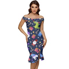 Colorful Funny Christmas Pattern Off Shoulder Ruffle Split Hem Bodycon Dress