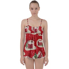 Christmas New Year Seamless Pattern Babydoll Tankini Top