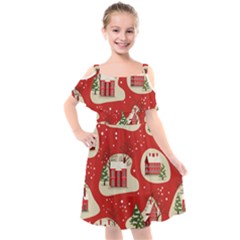 Christmas New Year Seamless Pattern Kids  Cut Out Shoulders Chiffon Dress