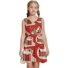 Christmas New Year Seamless Pattern Kids  Sleeveless Tiered Mini Dress