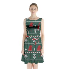 Beautiful Knitted Christmas Pattern Sleeveless Waist Tie Chiffon Dress