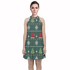 Beautiful Knitted Christmas Pattern Velvet Halter Neckline Dress 