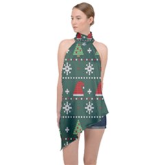 Beautiful Knitted Christmas Pattern Halter Asymmetric Satin Top