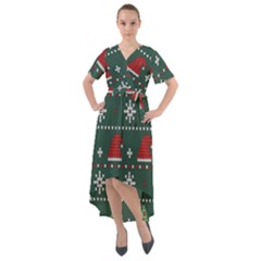 Beautiful Knitted Christmas Pattern Front Wrap High Low Dress