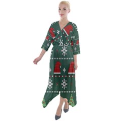 Beautiful Knitted Christmas Pattern Quarter Sleeve Wrap Front Maxi Dress