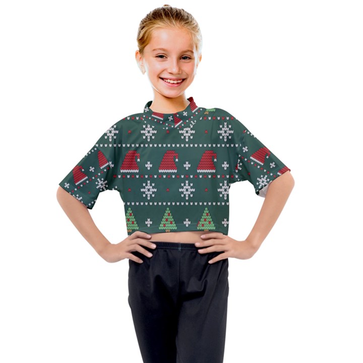 Beautiful Knitted Christmas Pattern Kids Mock Neck T-Shirt