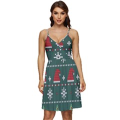 Beautiful Knitted Christmas Pattern V-neck Pocket Summer Dress 