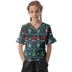 Beautiful Knitted Christmas Pattern Kids  V-neck Horn Sleeve Blouse