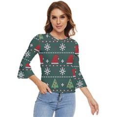 Beautiful Knitted Christmas Pattern Bell Sleeve Top