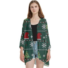 Beautiful Knitted Christmas Pattern Open Front 3/4 Sleeve Batwing Chiffon Cardigan Kimono by Ket1n9