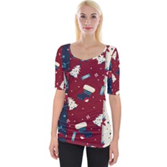 Flat Design Christmas Pattern Collection Art Wide Neckline T-shirt