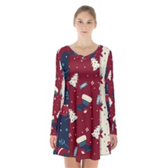 Flat Design Christmas Pattern Collection Art Long Sleeve Velvet V-neck Dress