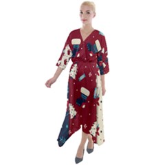 Flat Design Christmas Pattern Collection Art Quarter Sleeve Wrap Front Maxi Dress