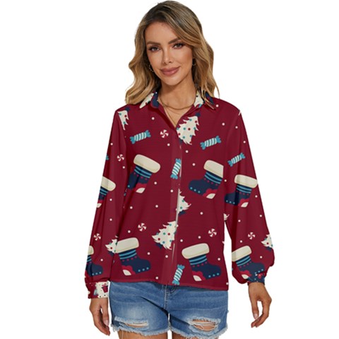 Flat Design Christmas Pattern Collection Art Women s Long Sleeve Button Up Shirt by Ket1n9