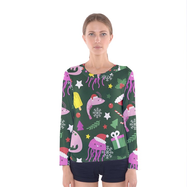 Dinosaur Colorful Funny Christmas Pattern Women s Long Sleeve T-Shirt