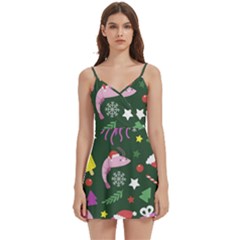 Dinosaur Colorful Funny Christmas Pattern Body Wrap Sleeveless V-neck Mini Dress by Ket1n9