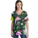 Dinosaur Colorful Funny Christmas Pattern V-Neck Split Shoulder Casual T-Shirt View1