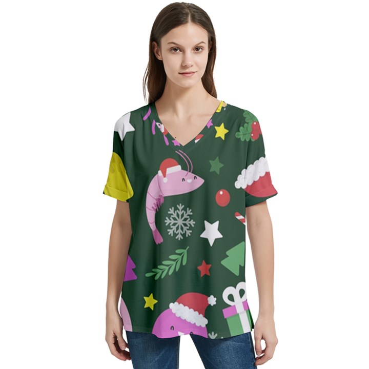 Dinosaur Colorful Funny Christmas Pattern V-Neck Split Shoulder Casual T-Shirt