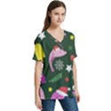 Dinosaur Colorful Funny Christmas Pattern V-Neck Split Shoulder Casual T-Shirt View3