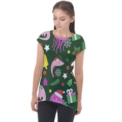 Dinosaur Colorful Funny Christmas Pattern Cap Sleeve High Low Top