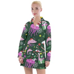 Dinosaur Colorful Funny Christmas Pattern Women s Long Sleeve Casual Dress by Ket1n9