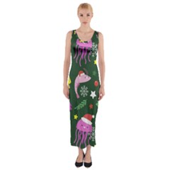 Dinosaur Colorful Funny Christmas Pattern Fitted Maxi Dress