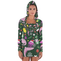 Dinosaur Colorful Funny Christmas Pattern Long Sleeve Hooded T-shirt by Ket1n9