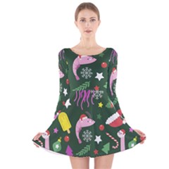 Dinosaur Colorful Funny Christmas Pattern Long Sleeve Velvet Skater Dress