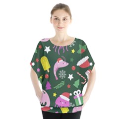 Dinosaur Colorful Funny Christmas Pattern Batwing Chiffon Blouse