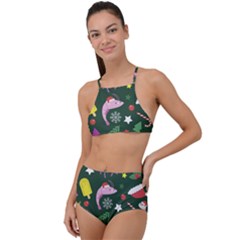 Dinosaur Colorful Funny Christmas Pattern Halter Tankini Set