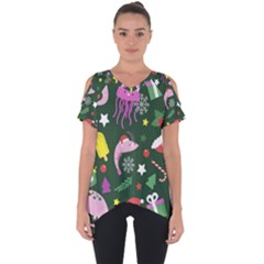 Dinosaur Colorful Funny Christmas Pattern Cut Out Side Drop T-shirt