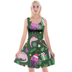 Dinosaur Colorful Funny Christmas Pattern Reversible Velvet Sleeveless Dress