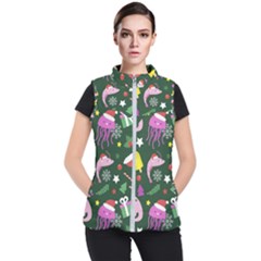 Dinosaur Colorful Funny Christmas Pattern Women s Puffer Vest