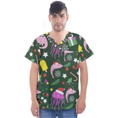 Dinosaur Colorful Funny Christmas Pattern Men s V-neck Scrub Top