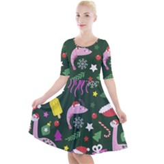 Dinosaur Colorful Funny Christmas Pattern Quarter Sleeve A-line Dress