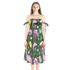 Dinosaur Colorful Funny Christmas Pattern Shoulder Tie Bardot Midi Dress